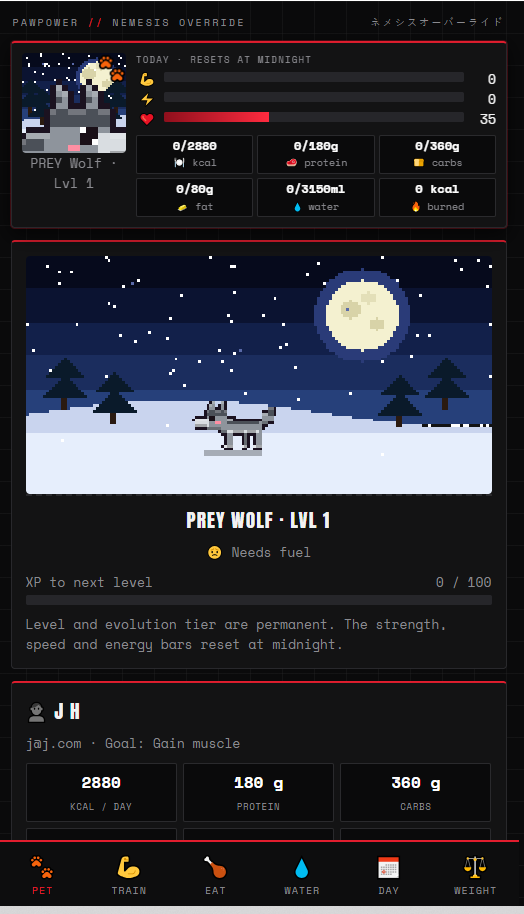Pawpower pixel companion and fitness tracking interface preview